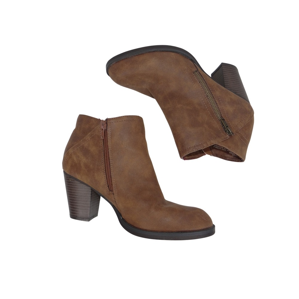 Rampage Womens Brown Faux Leather Block Heel Ankle Booties Almond Toe Zip 4055